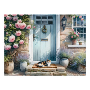 Pôster Varanda Floral Cottagecore com Gato Calico