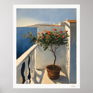 Poster Varanda Mediterrânea Ensolarada com Flores Óleo so