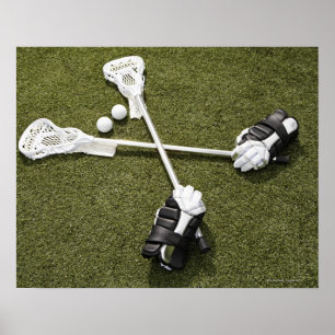 Pôster Varas, luvas e bolas do Lacrosse em artificial