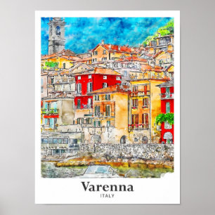 Poster Varenna Lecco Itália Viagem Watercolor Drawn