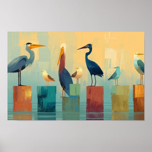 Poster Várias aves marinhas presas em estacas (Frente)