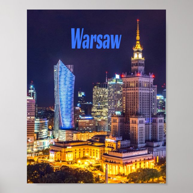 Poster Varsóvia Polônia Night Skyline Varsóvia Spire (Frente)