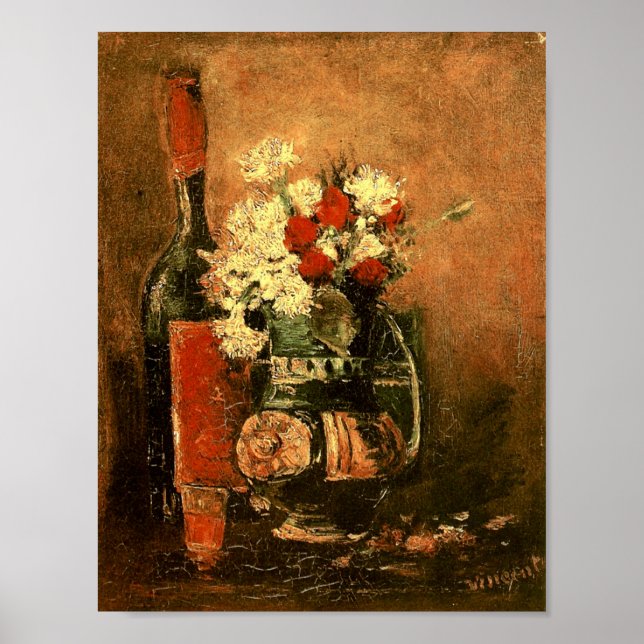 Pôster Vase com Rosas de cravos e garrafa Van Gogh Fine (Frente)