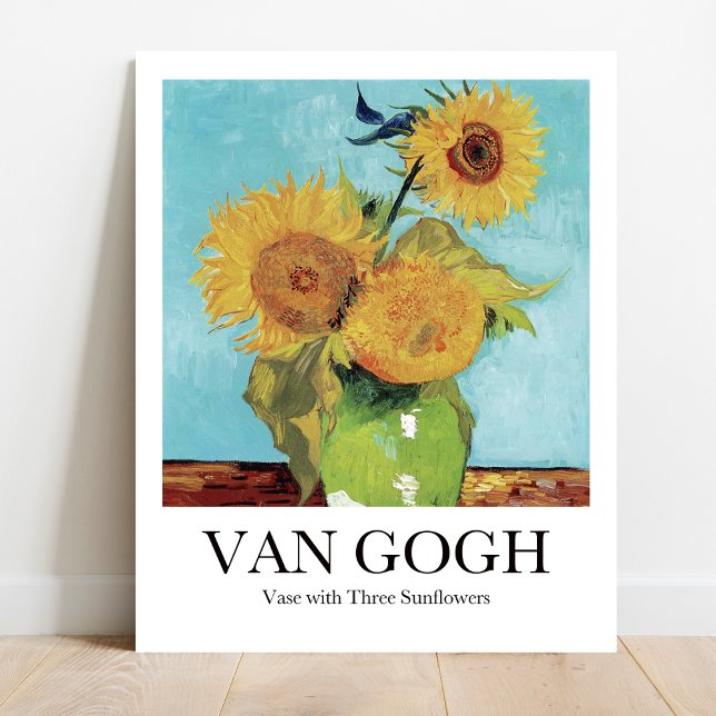 Poster Vase com Três Girassóis por Vincent Van Gogh (Van Gogh Sunflowers Poster: Bold colors, 3 vibrant sunflowers in vase. )