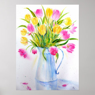 Pôster Vase de Aquarela das Tulipas