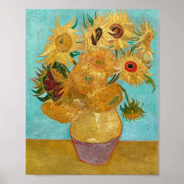 Poster Vase de Vincent van Gogh com Doze Girassóis (Frente)