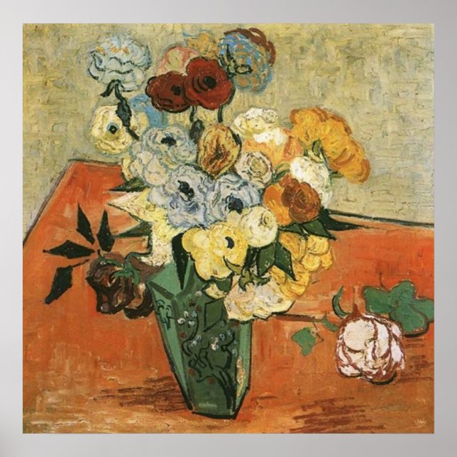 Poster Vase japonês com Rosas de Vincent van Gogh (Frente)