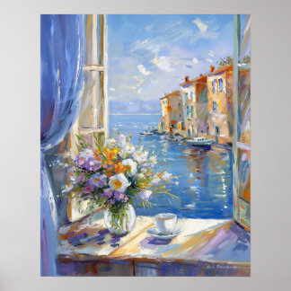 Poster Vase of Flowers Window com View of Italiana Coast