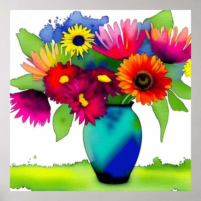 Poster Vases e flores de aquarela vibrantes (Frente)
