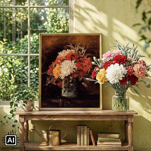 Pôster Vaso com Cravos de Vincent van Gogh (Vase with Carnations by Vincent van Gogh is a vintage post impressionism still life painting.)