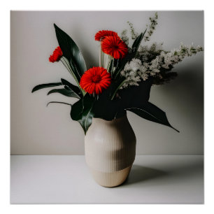 Pôster Vaso com flores vermelhas e brancas