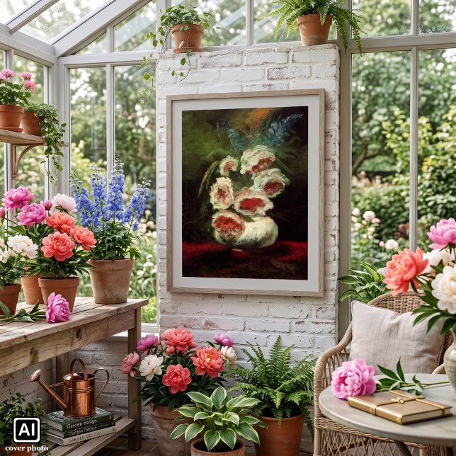 Pôster Vaso com Peônias por Vincent van Gogh (Vase with Peonies by Vincent van Gogh is a vintage fine art post impressionism still life painting.)