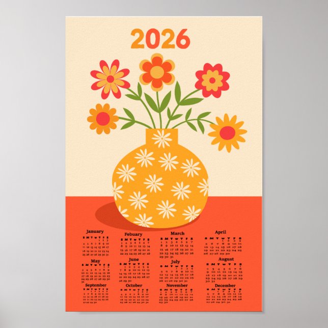 Poster Vaso de Flores Retro Anos 70 Calendário 2026 (Frente)