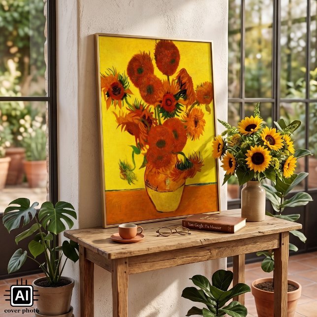 Pôster Vaso de Natureza Morta com 15 Girassóis Vincent va (Still Life Vase with Fifteen Sunflowers by Vincent van Gogh is a vintage post impressionism painting)