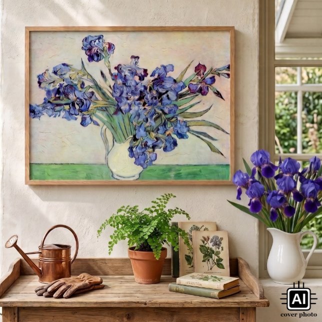 Pôster Vaso de Natureza Morta com Íris por Vincent van Go (Still Life: Vase with Irises by Vincent van Gogh is a vintage fine art post impressionism painting.)