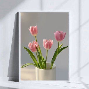 Poster Vaso de Tulipa Rosa Pintura Realista