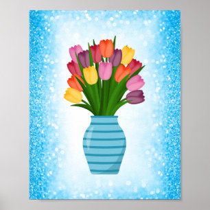 Poster Vaso Flor Azul com Tulipas Coloridas com Borda