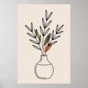 Poster Vaso Minimalista Arte Botânica com Folhas