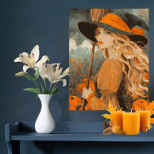 Vassoura de Bruxa Vintage Abóbora Halloween Elegan