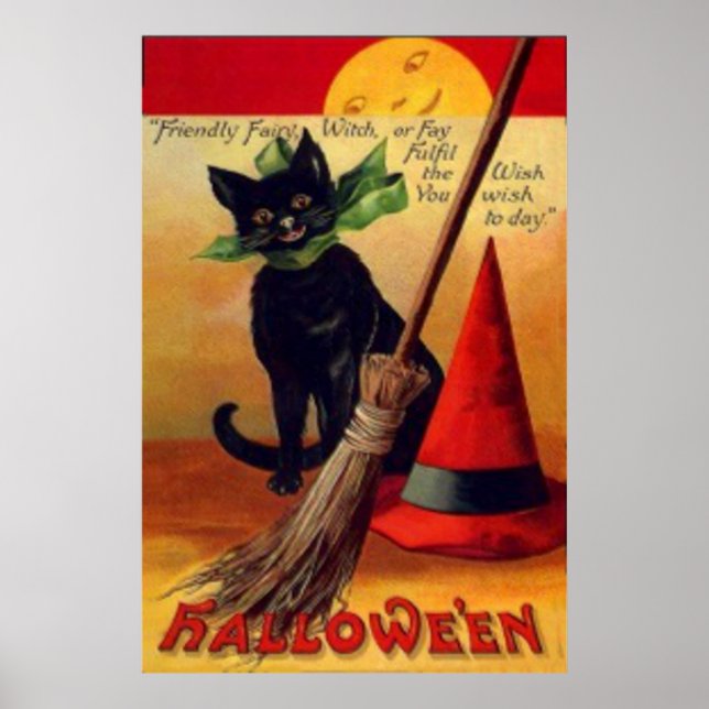 Poster Vassoura de Gato Preto Chapéu de Bruxa Lua Cheia (Frente)
