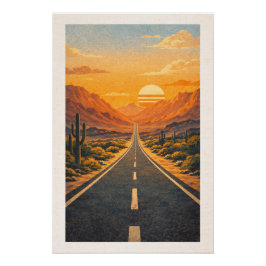 Pôster Vast Desert Highway Sunset Retro Travel Poster