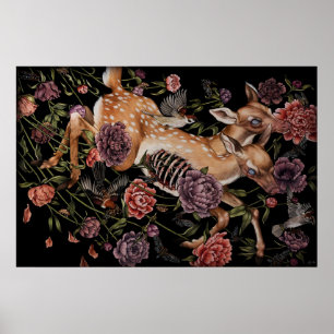 Poster Veado com Pássaros e Flores gótico botânico