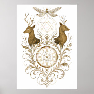 Poster Veado Dourado Vintage & Libélula Estética da Natur