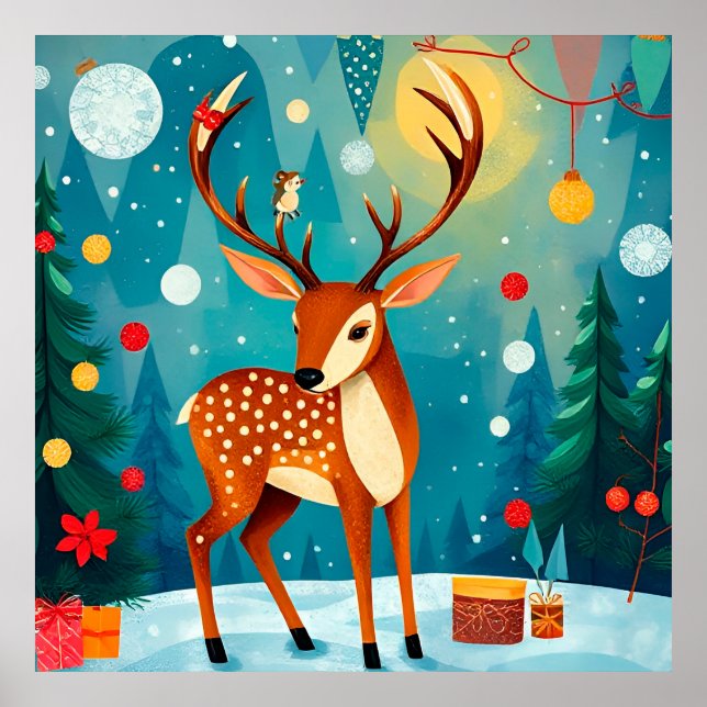 Poster Veado Festivo em Floresta Neve (Frente)