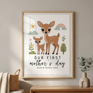 Poster Veado Pastel Mamãe Bebê Primeiro Dia das Mães Berç