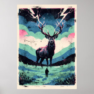 Poster Veado Relâmpago e Figura Solitária Arte Retro