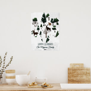 Poster Veado Retrominimalista Entre Árvores de Férias