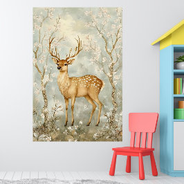 Poster veado sika em uma floresta de primavera, cercado p