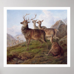 Pôster Veado vermelho em uma paisagem das montanhas, 1872