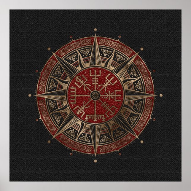 Poster Vegvisir - Bússola Viking - Couro Preto e Vermelho (Frente)