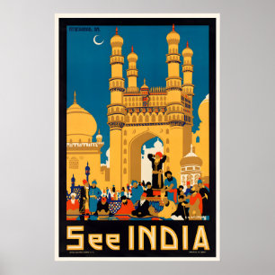 Poster Veja o Cartaz de Viagem Antigo da Índia - Moldura