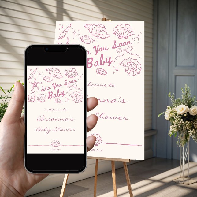 Poster Vejo você logo conchas de bebê welcome sign (Sea you soon pink hand drawn seashells baby shower personalized welcome sign poster template)