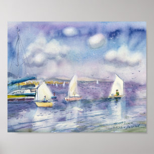 Poster Velas Brancas em Aquarela de Água do Mar Azul Lava