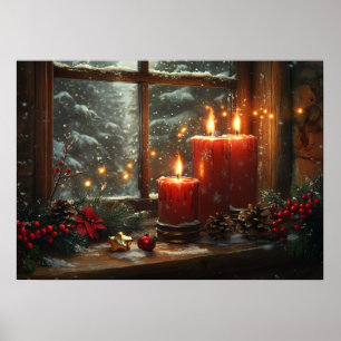 Poster Velas Vermelhas de Natal Janela Invernal