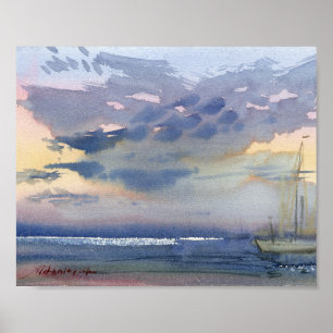 Poster Velero e Céu Noturno Brilhante Aquarela