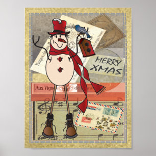 Pôster Velha Moda Red Snowman Natal