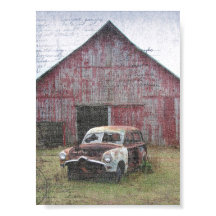 Velho celeiro e carro abandonado