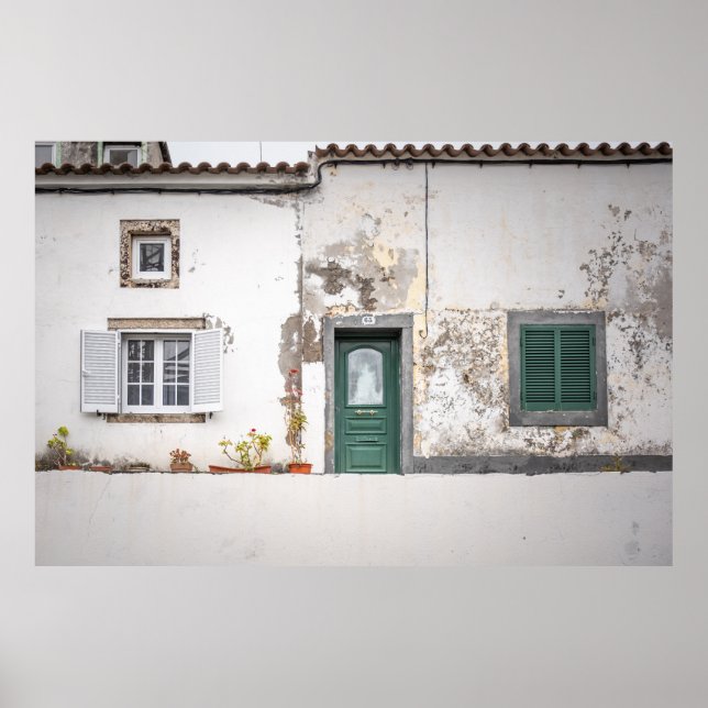 Poster Velho Edifício Europeu com Porta Verde (Frente)