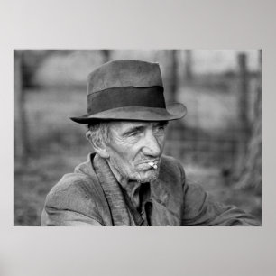 Poster Velho homem de chapéu fumando foto em preto e bra