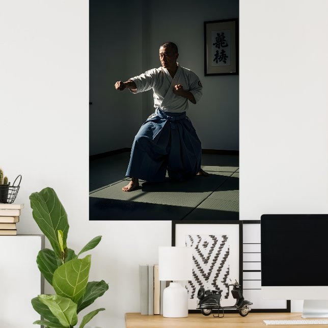Poster Velho Mestre de Karatê Executando Kata (Escritório em casa)