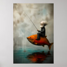 Velho Pescando num Peixe Carmesim Flutuante