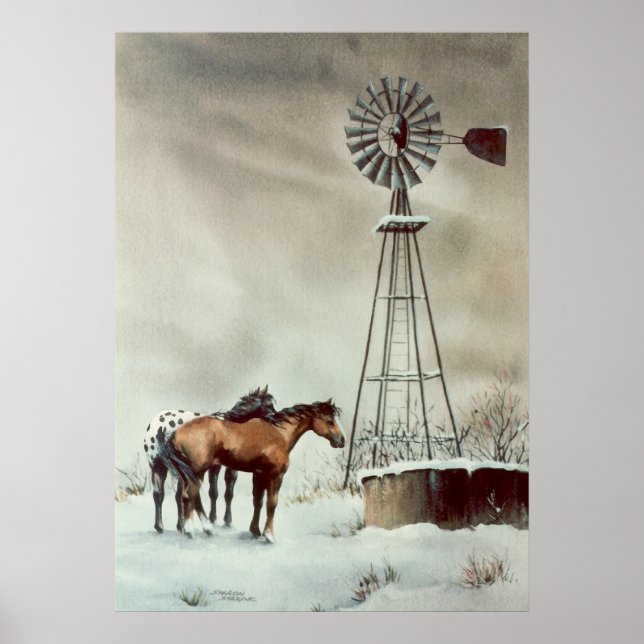 Poster VELHO WINDMILL & HORSES por SHARON SHARPE (Frente)