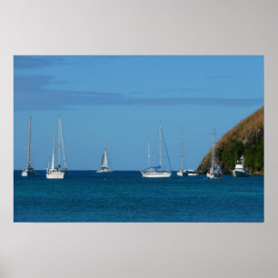 Poster Velhos Navios no Azul Marinho e Branco na Baía
