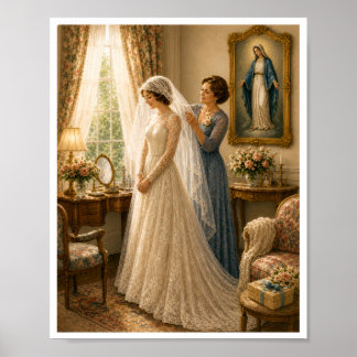 Poster Velo de Noiva Católica Vintage Casamento Mariano