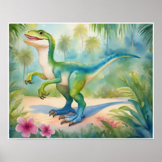 Poster Velociraptor Watercolor Dinosaur NurserArt
