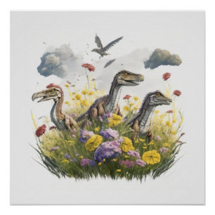 Pôster Velociraptors em um Prado